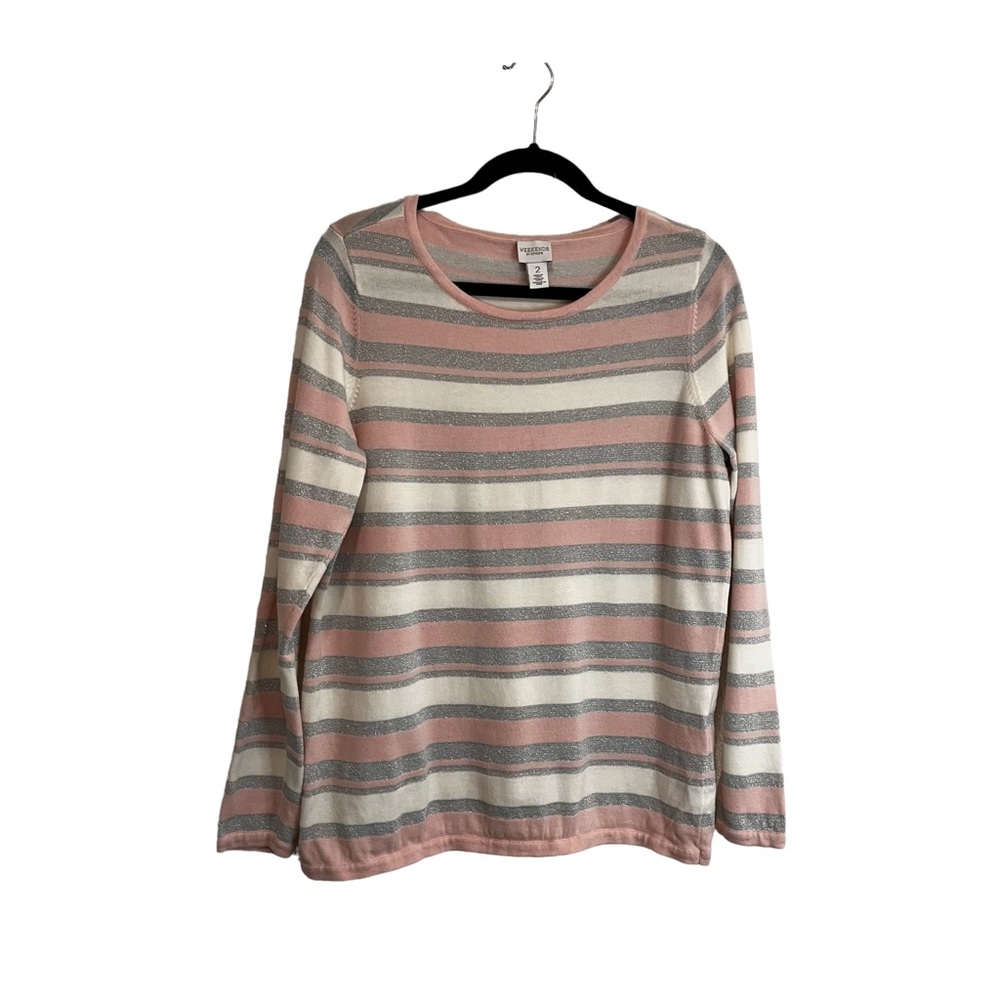 Weekends By Chicos Size 2 Striped Pink Gray Long Sleeve Sweater Top Womens